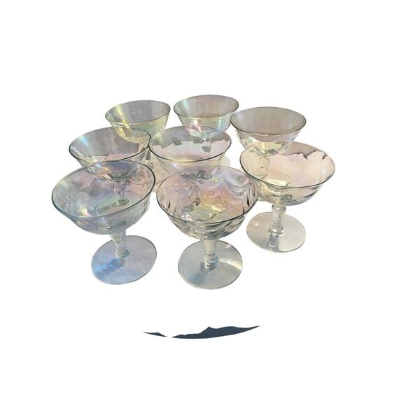 8 Fostoria Crystal Pearl Shell Iridescent Champagne Sherbert Glasses Loop Optics - Picture 3 of 16